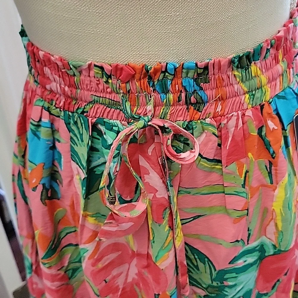 Dress Forum palm leaves floral tiered midi skirt shades of pink green Small NEW…